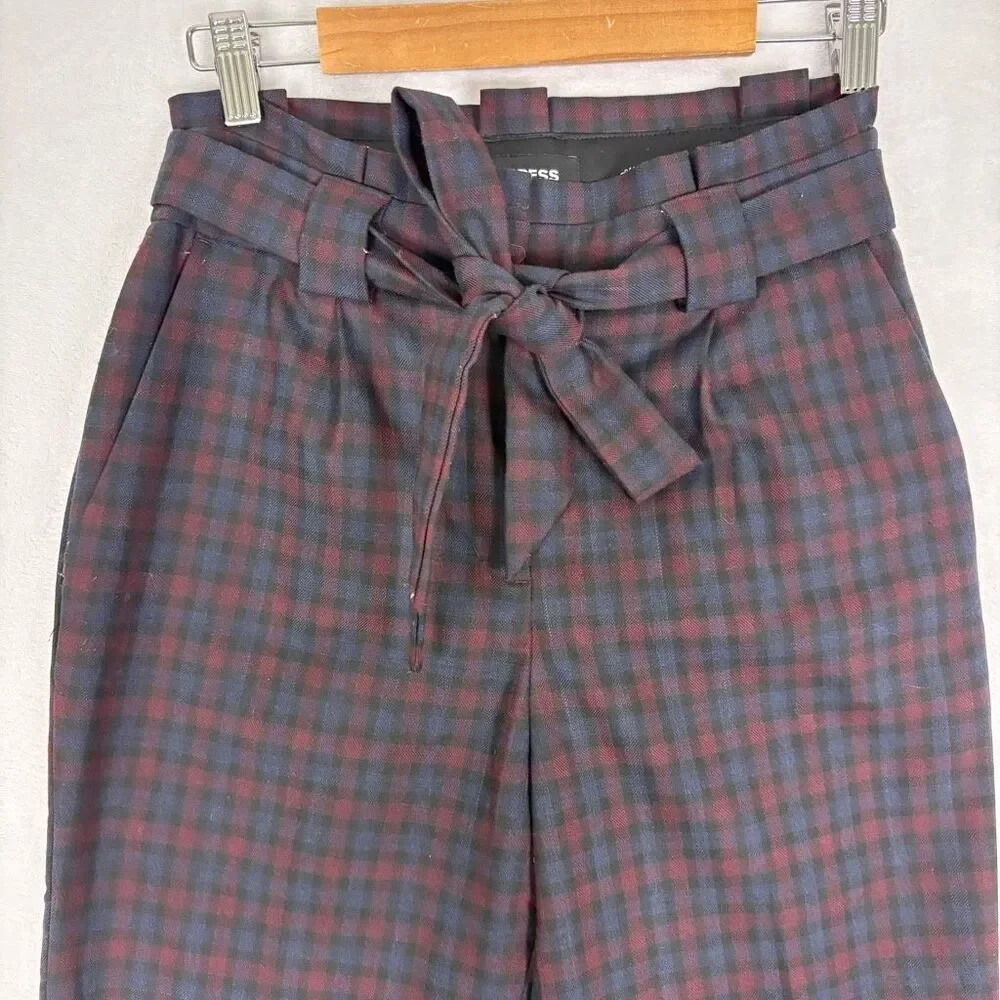 Express Maroon & Blue Plaid Ankle High‎ Rise Dress Pants Size 2 Long